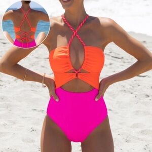 Vibrant Orange and Pink One Piece Swimsuit SMALL POPVIL